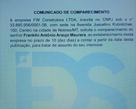 COMUNICADO DE COMPARECIMENTO